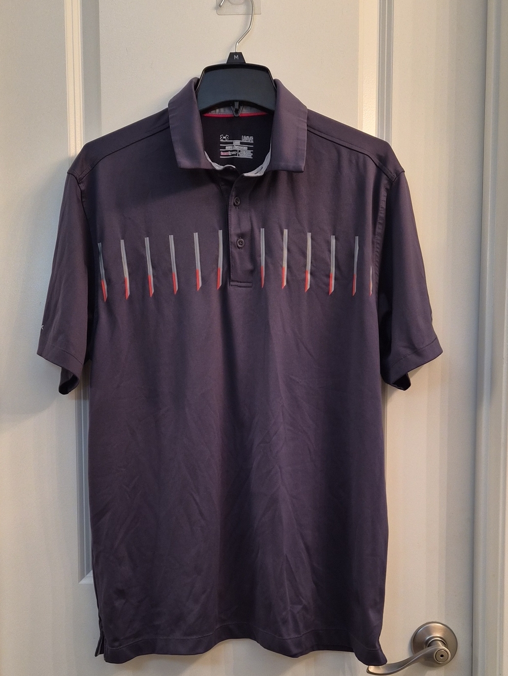 Under Armour Dark Charcoal Polo with Gray and Red Stripe Accents. Large.